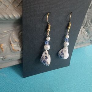 Teacup Earrings Vintage Look Blue White Dangle Drop Handcrafted